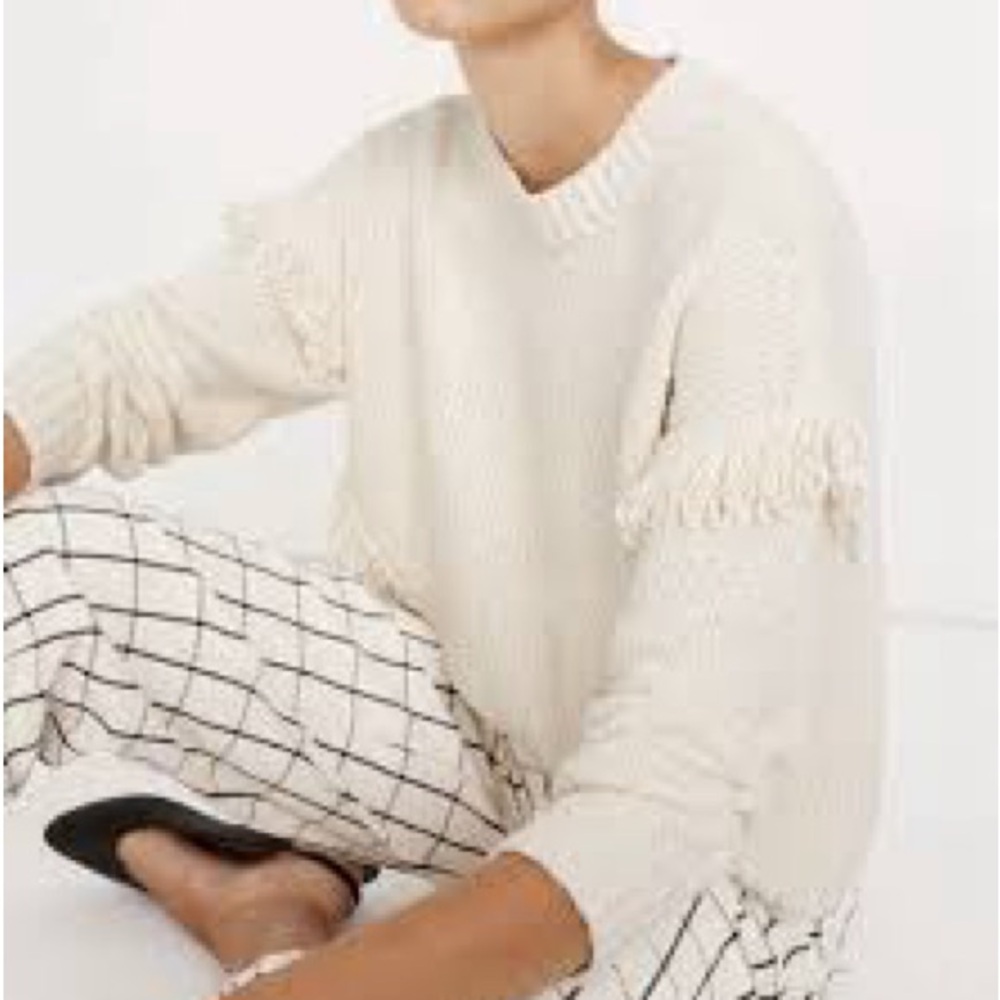 Madewell Montford Fringe Pullover Cream Crew Neck Sweater Cotton Blend Sz S - Picture 2 of 8
